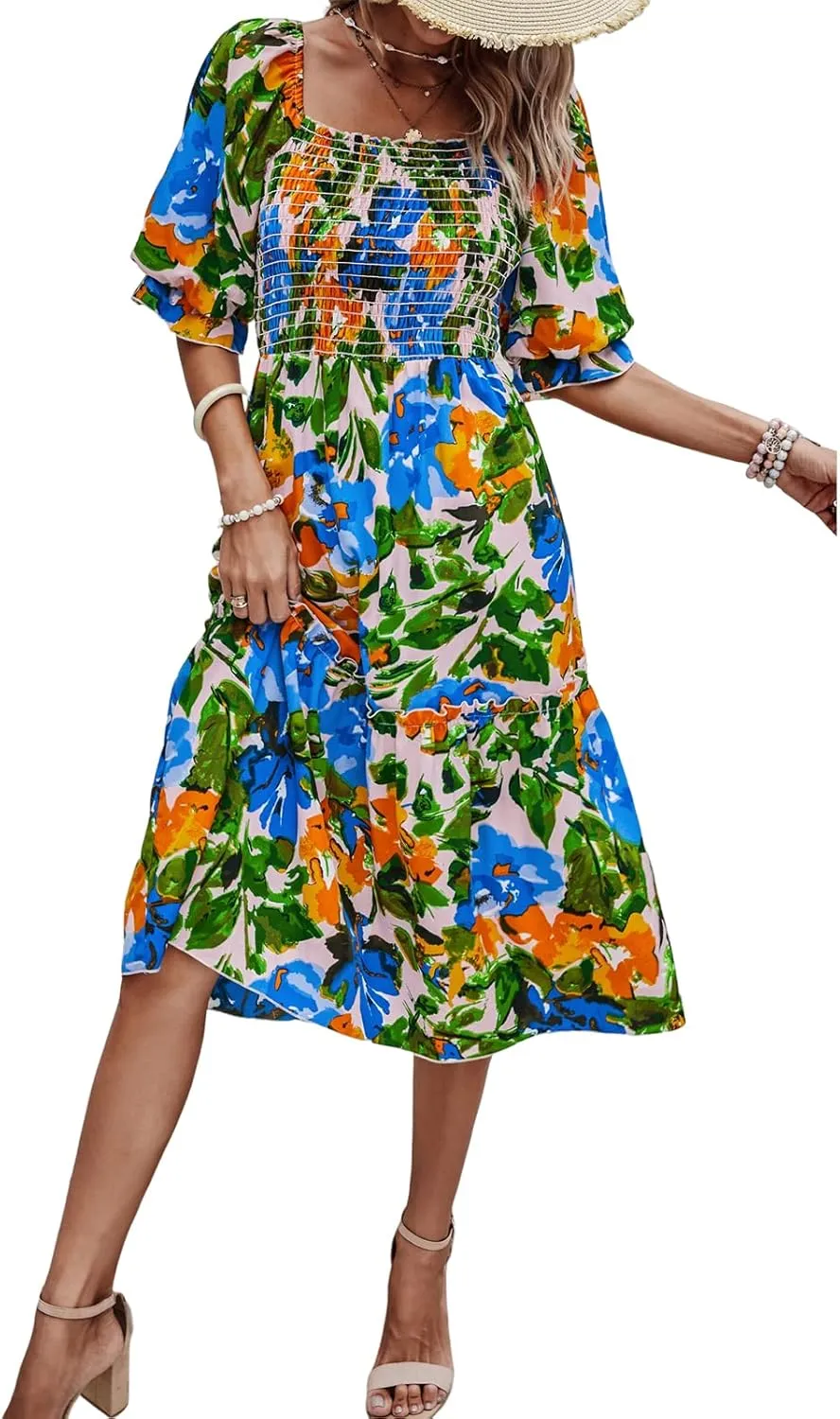 PRETTYGARDEN Women's Summer Casual Dresses 2025 Spring Puff Sleeve Square Neck A-line Flowy Boho Floral Smocked Midi Dress