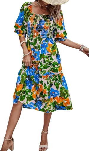 PRETTYGARDEN Women's Summer Casual Dresses 2025 Spring Puff Sleeve Square Neck A-line Flowy Boho Floral Smocked Midi Dress