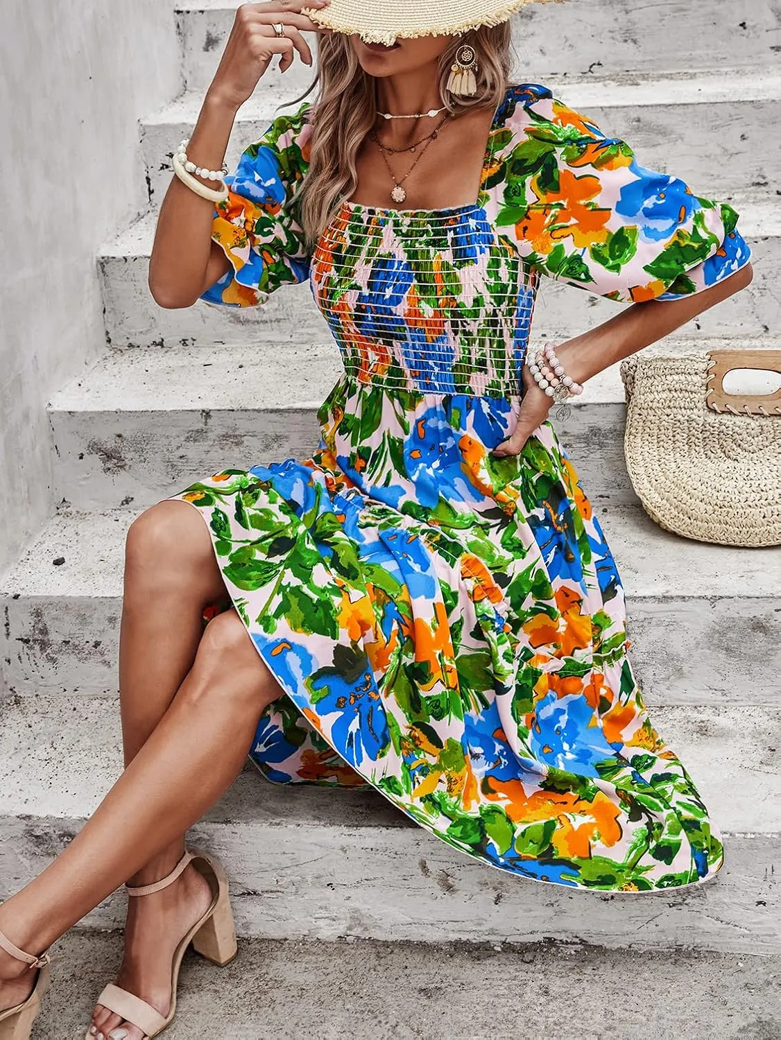 PRETTYGARDEN Women's Summer Casual Dresses 2025 Spring Puff Sleeve Square Neck A-line Flowy Boho Floral Smocked Midi Dress