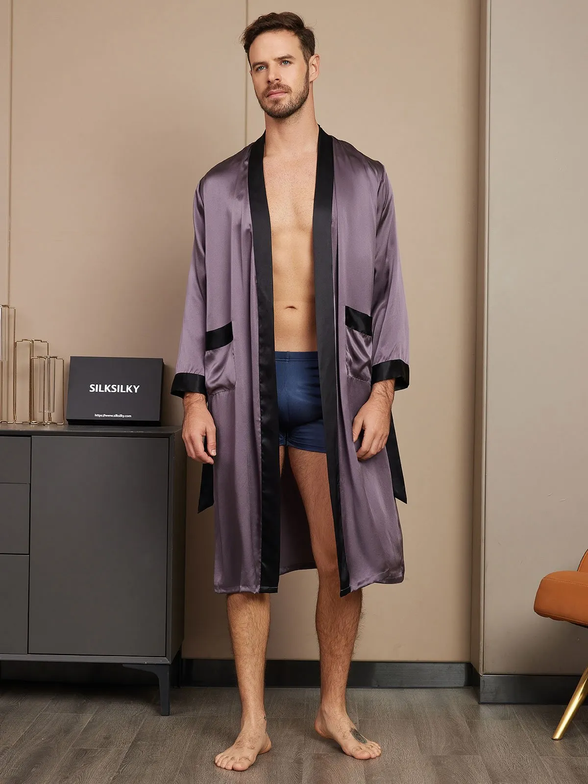 Pure Silk Classic Long Sleeve Mens Dressing Gown