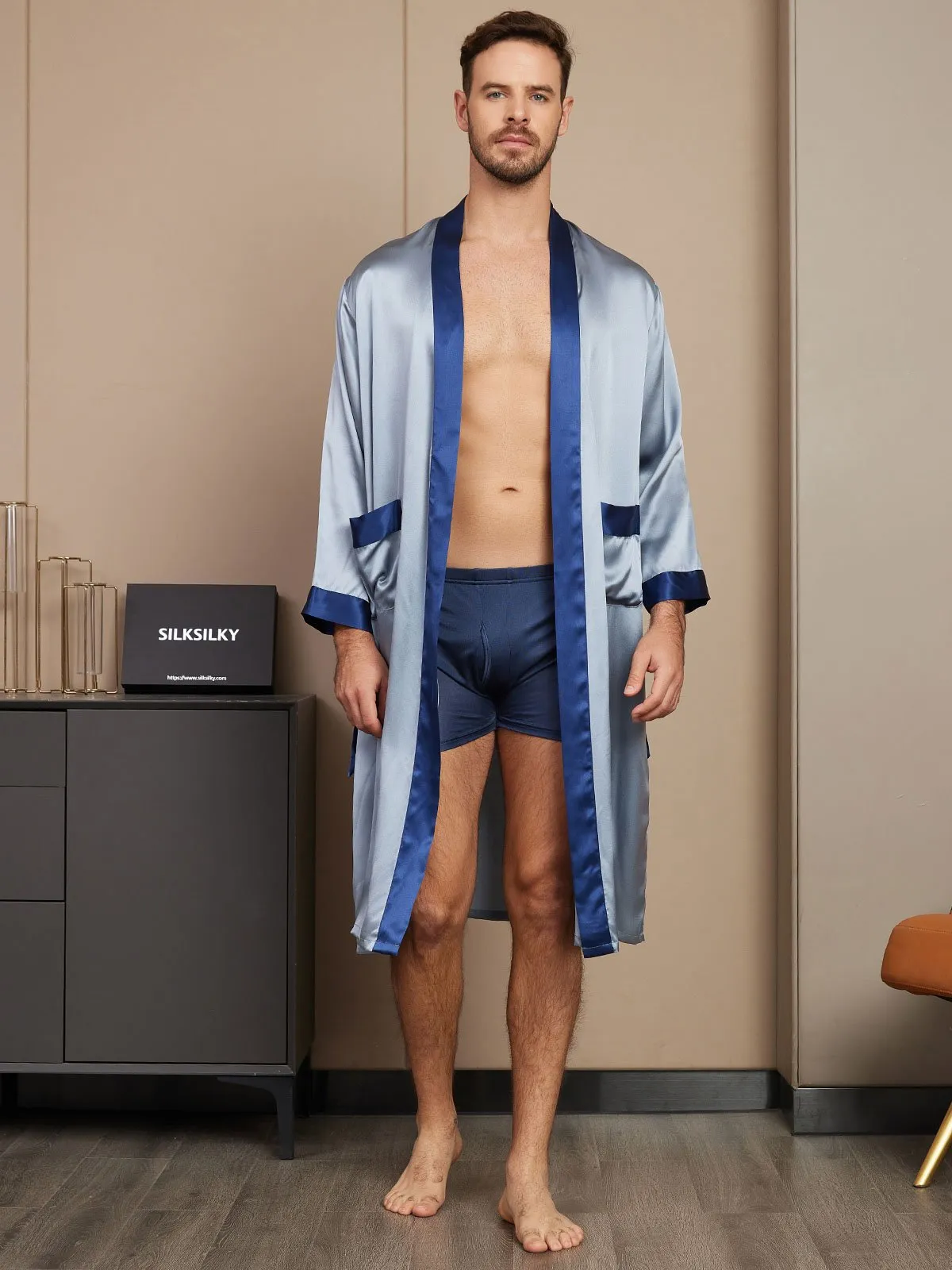 Pure Silk Classic Long Sleeve Mens Dressing Gown