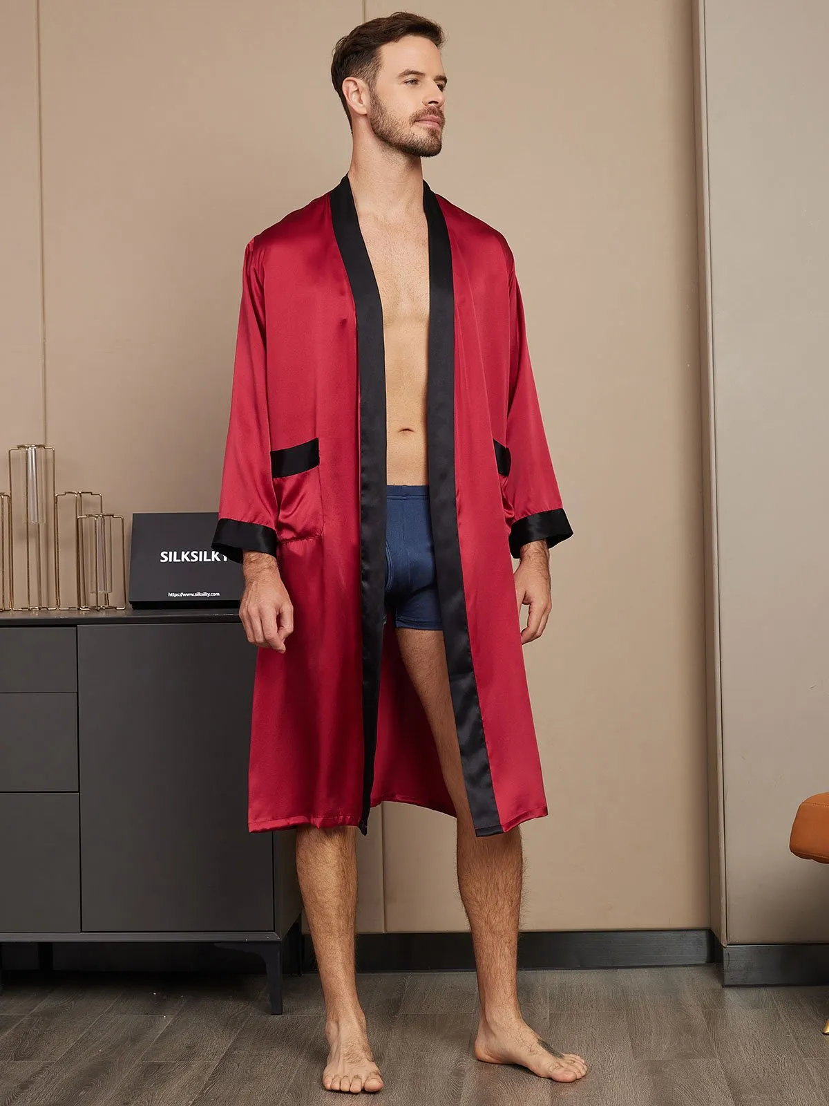 Pure Silk Classic Long Sleeve Mens Dressing Gown