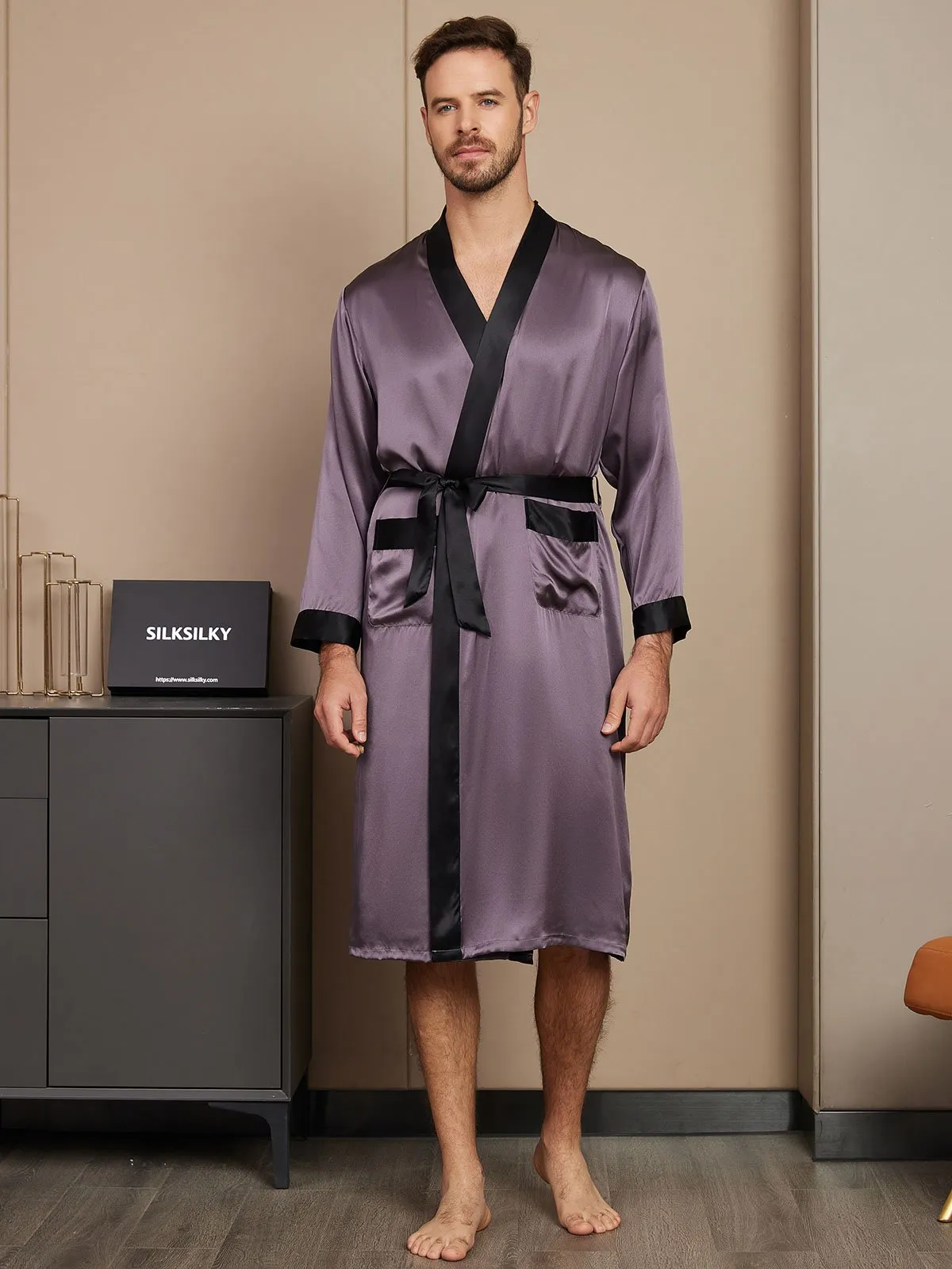 Pure Silk Classic Long Sleeve Mens Dressing Gown