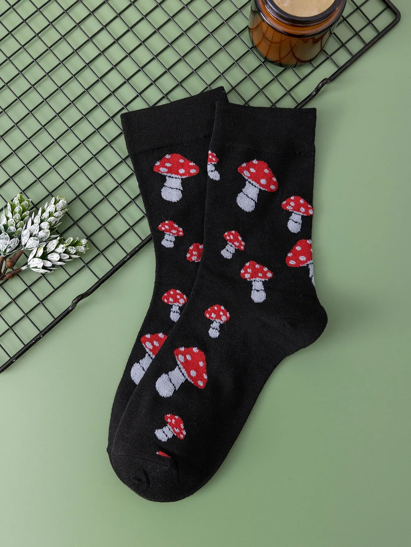 Red and White Mushroom Print Crew Socks for Women Cute Socks Novelty Socks Fun
