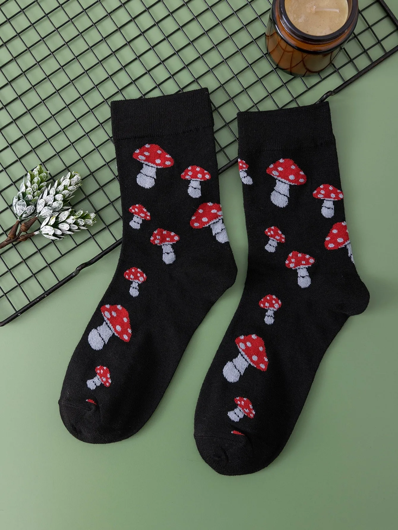 Red and White Mushroom Print Crew Socks for Women Cute Socks Novelty Socks Fun