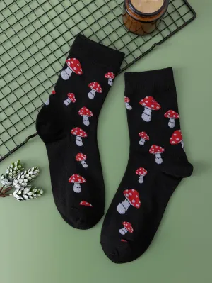 Red and White Mushroom Print Crew Socks for Women Cute Socks Novelty Socks Fun