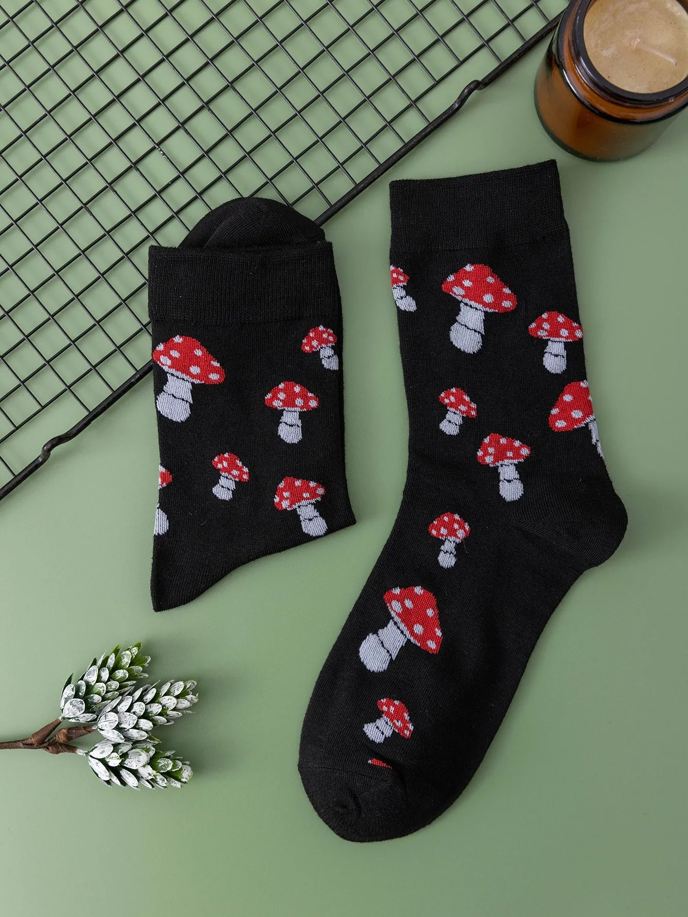 Red and White Mushroom Print Crew Socks for Women Cute Socks Novelty Socks Fun