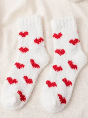 Red Heart Pattern Fuzzy Crew Socks for Women Cute Socks Novelty Socks Fun Socks