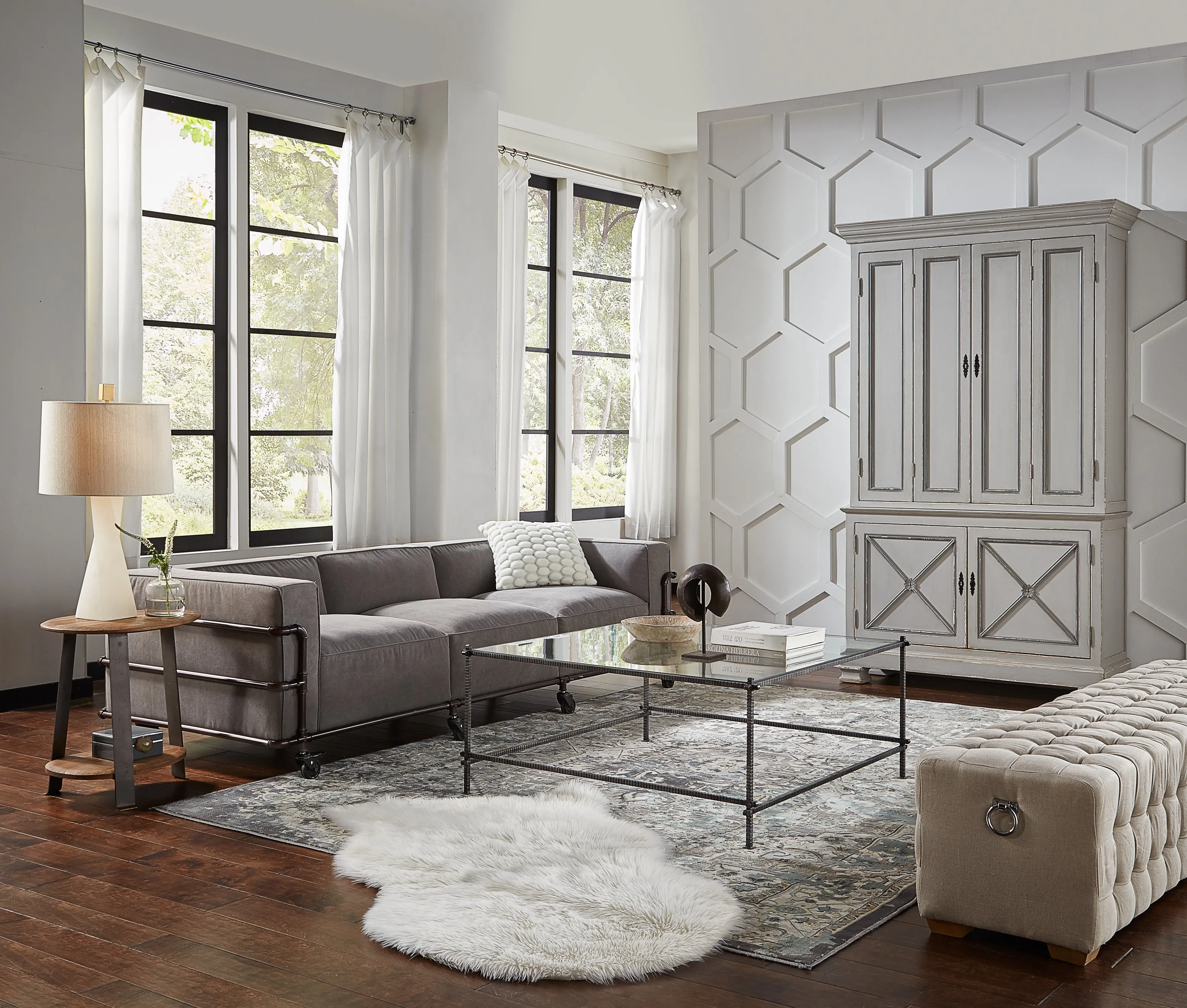 Sarreid - Beam Bench  Tufted Beige Linen - Beige - Traditional