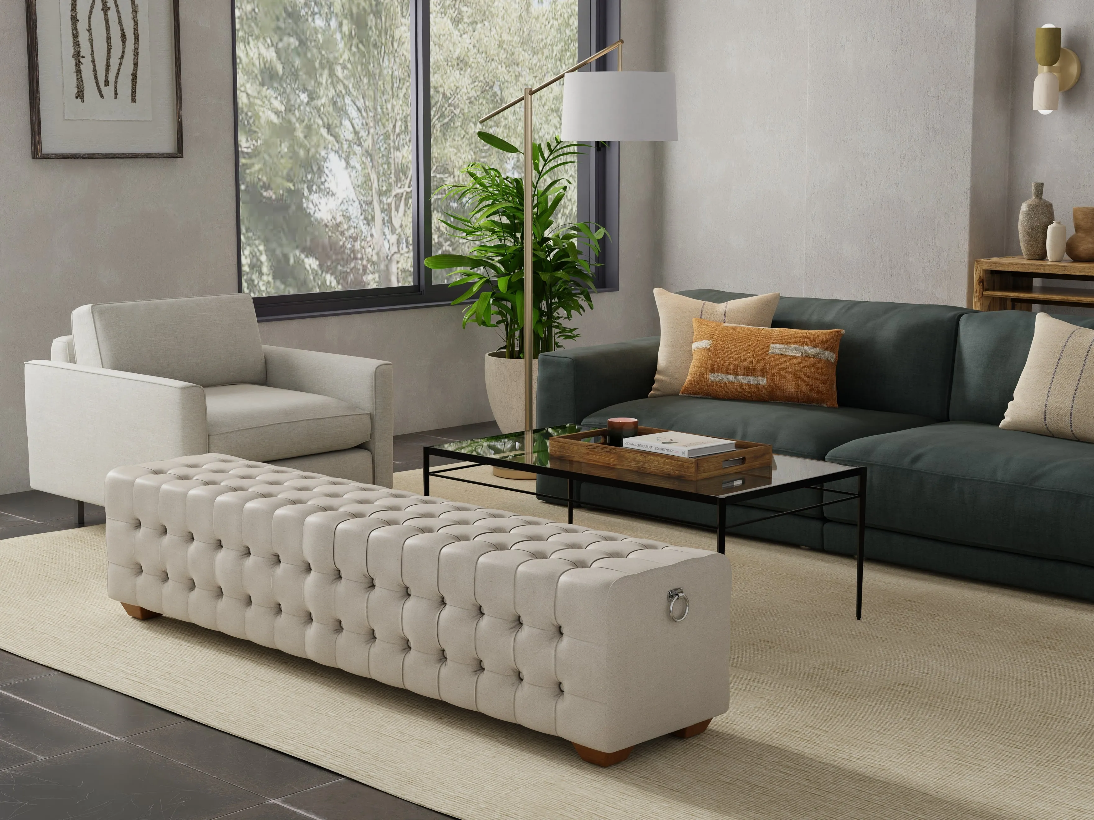 Sarreid - Beam Bench  Tufted Beige Linen - Beige - Traditional