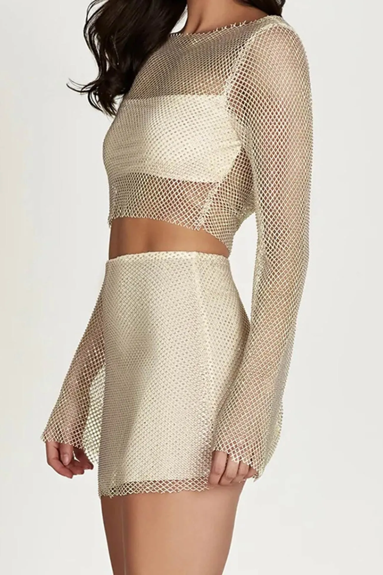 Sequins Mesh Crop Top Mini Skirt Set