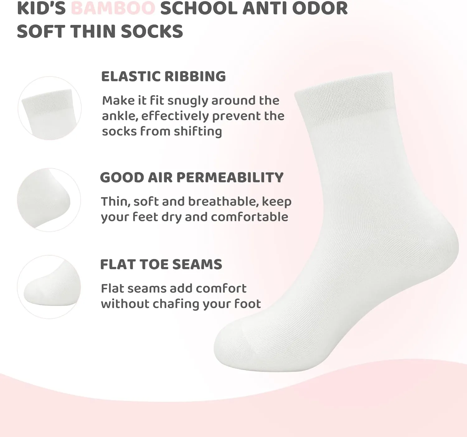 SERISIMPLE Kids Viscose Bamboo School Socks Soft flate Seam Color Anti Odor Thin Breathable Stretch Cuffs Girls Boy 5 Pairs