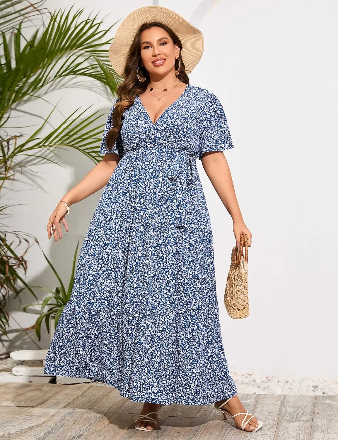 ShopWonder Womens Plus Size V Neck Wrap Maxi Dress High Waist Ruffle Summer Casual Dress with Belt