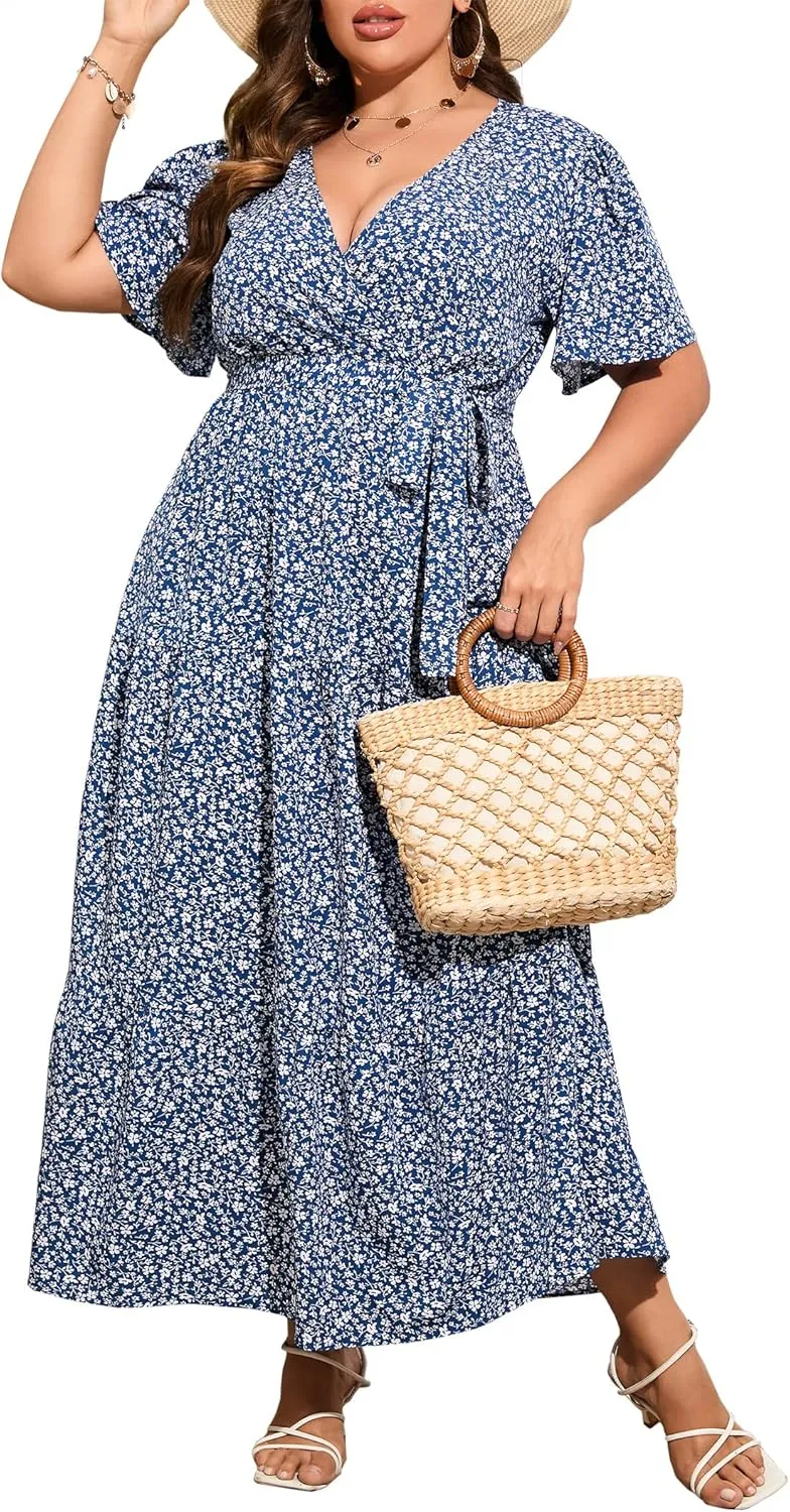 ShopWonder Womens Plus Size V Neck Wrap Maxi Dress High Waist Ruffle Summer Casual Dress with Belt