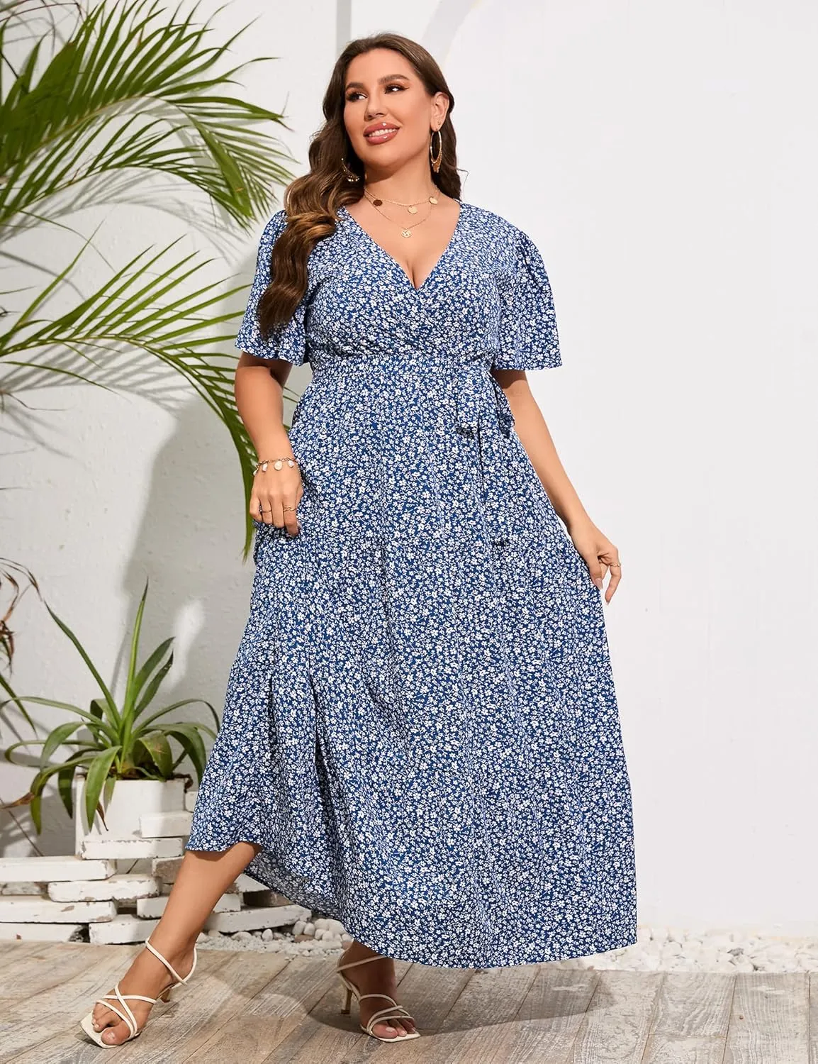 ShopWonder Womens Plus Size V Neck Wrap Maxi Dress High Waist Ruffle Summer Casual Dress with Belt