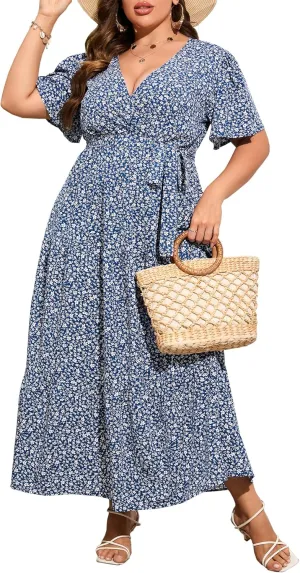 ShopWonder Womens Plus Size V Neck Wrap Maxi Dress High Waist Ruffle Summer Casual Dress with Belt