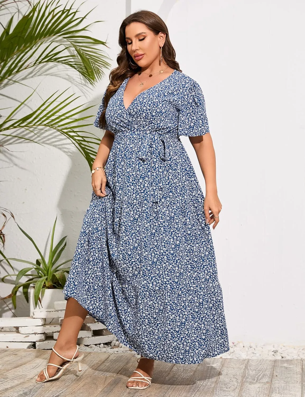ShopWonder Womens Plus Size V Neck Wrap Maxi Dress High Waist Ruffle Summer Casual Dress with Belt