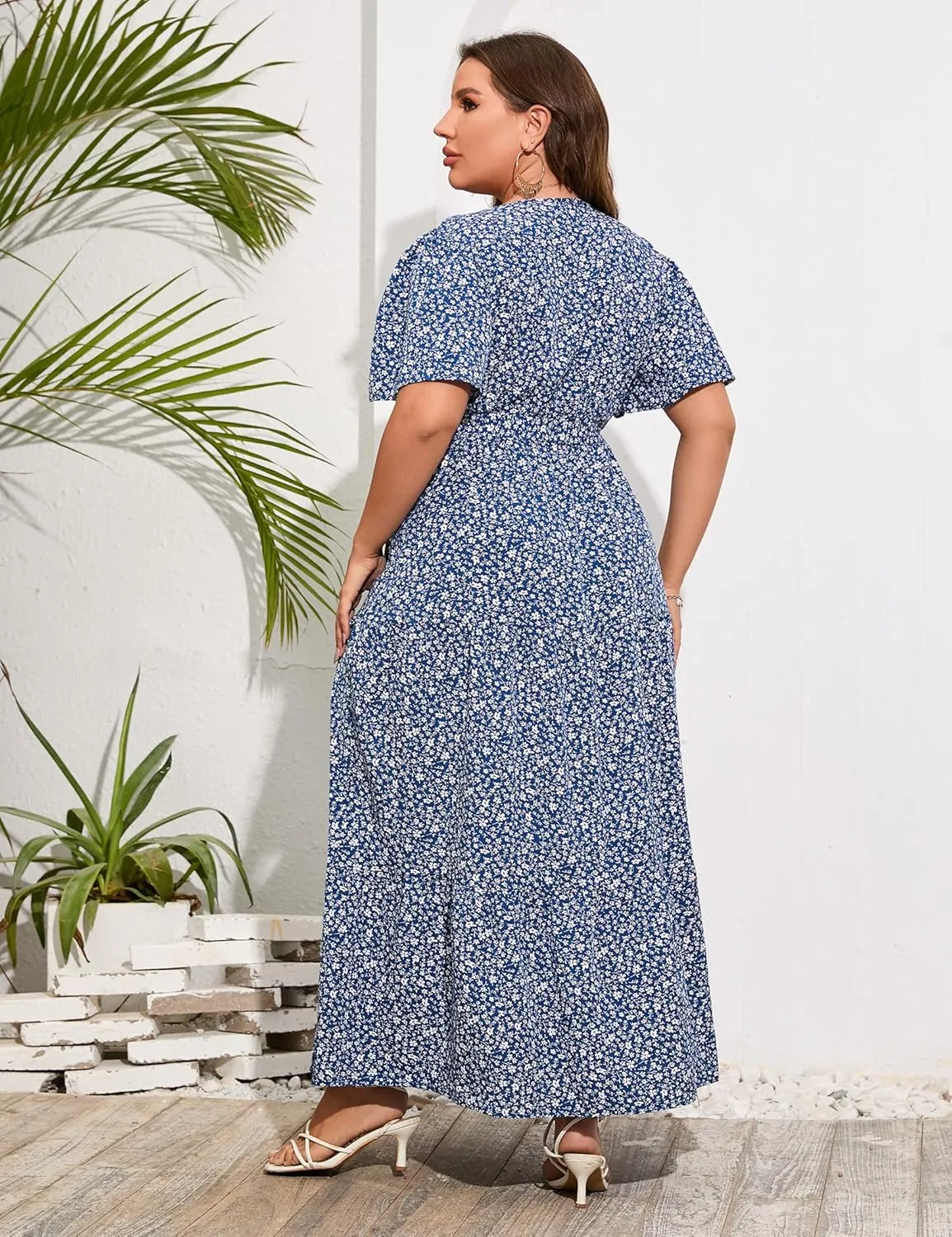 ShopWonder Womens Plus Size V Neck Wrap Maxi Dress High Waist Ruffle Summer Casual Dress with Belt