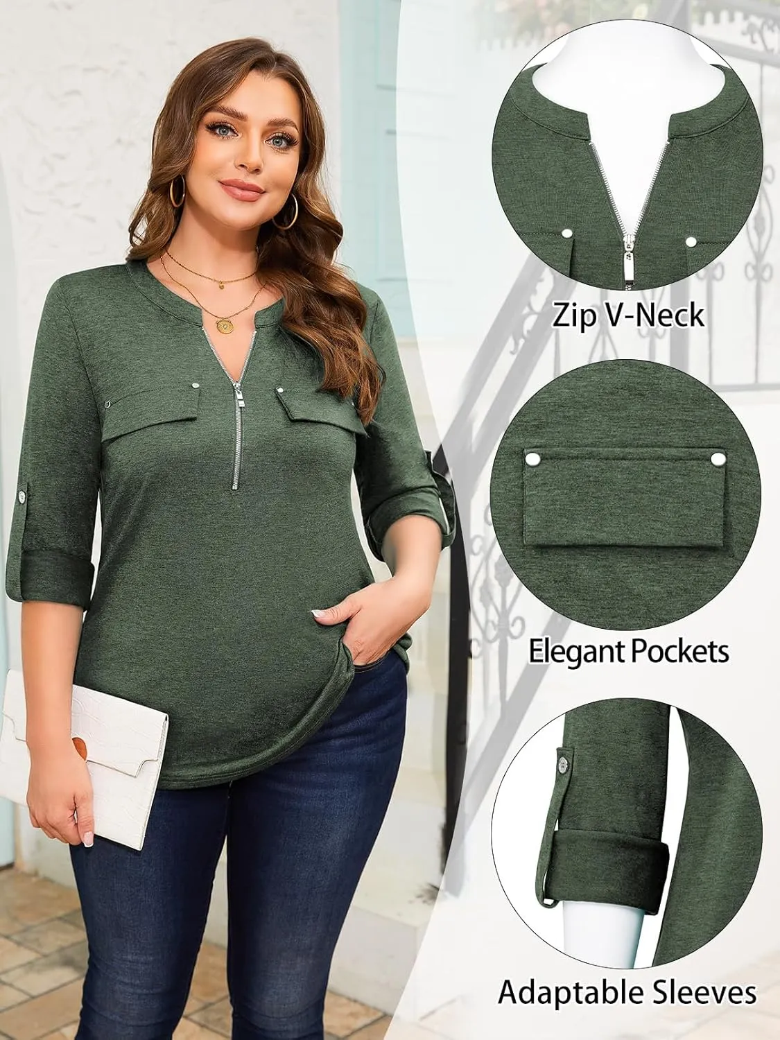 Siddhe Plus Size 3/4 Length Sleeve Womens Tops Zip V-Neck Tunic Tops Business Casual Dressy Blouses 1x-5x