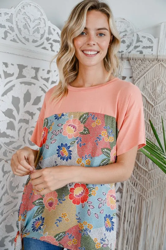 Solid Woven Floral Side Tie Top