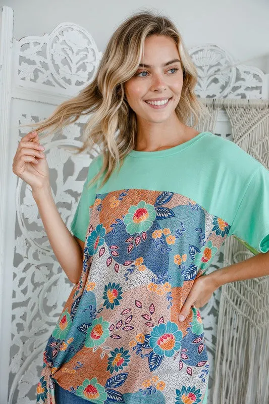 Solid Woven Floral Side Tie Top