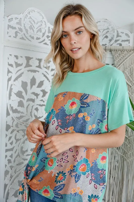 Solid Woven Floral Side Tie Top