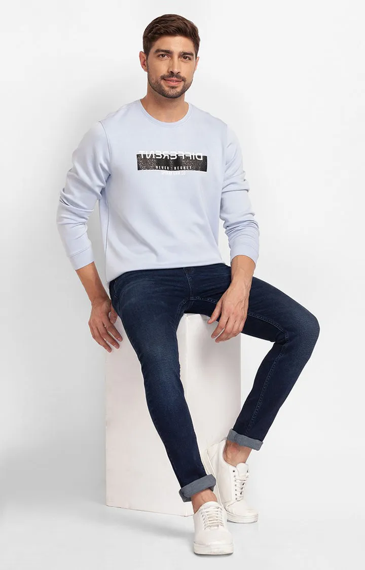 Spykar Ash Blue Cotton Full Sleeve Round Neck Sweatshirt For Men