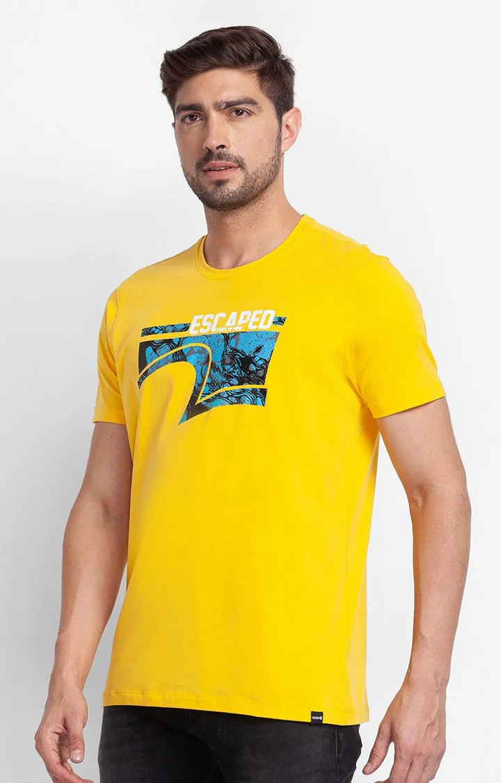Spykar Chrome Yellow Cotton Half Sleeve Printed Casual T-Shirt For Men