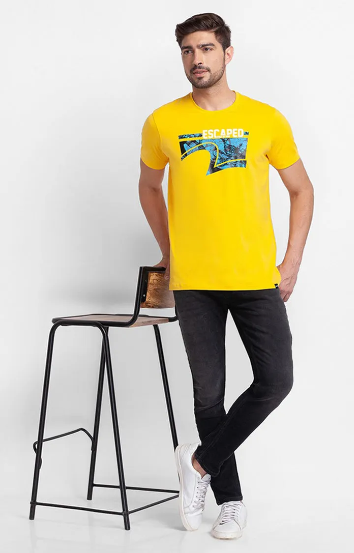 Spykar Chrome Yellow Cotton Half Sleeve Printed Casual T-Shirt For Men