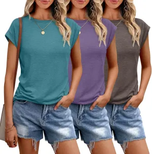 SUNBS 3 Pack Womens Summer Tops Cap Sleeve T Shirts Business Causal Dressy Basic Tee Fashion Trendy Cute Outfits 2025