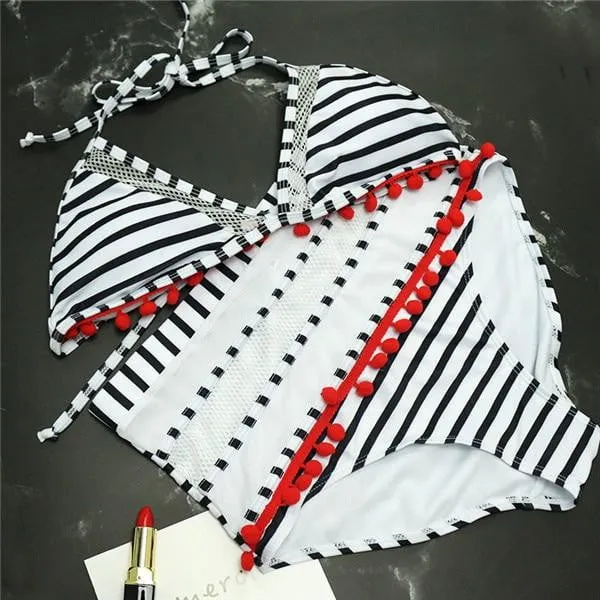 Tassel Mesh insert  High Waist bikini swimsuit