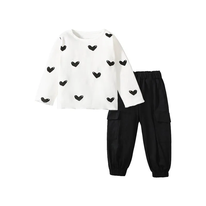 Toddler/Kid Girl's Heart-Filled White T-Shirt with Pants Set
