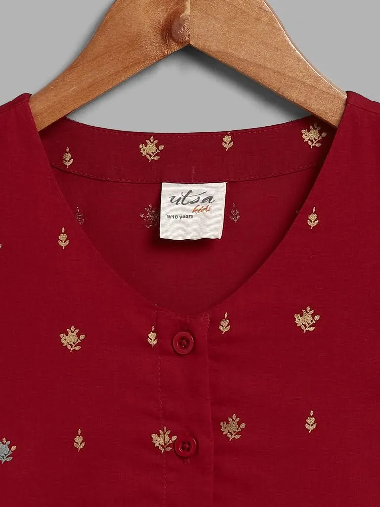 Utsa Kids Red Floral Foil Printed Gathered Dress (8 -14yrs)