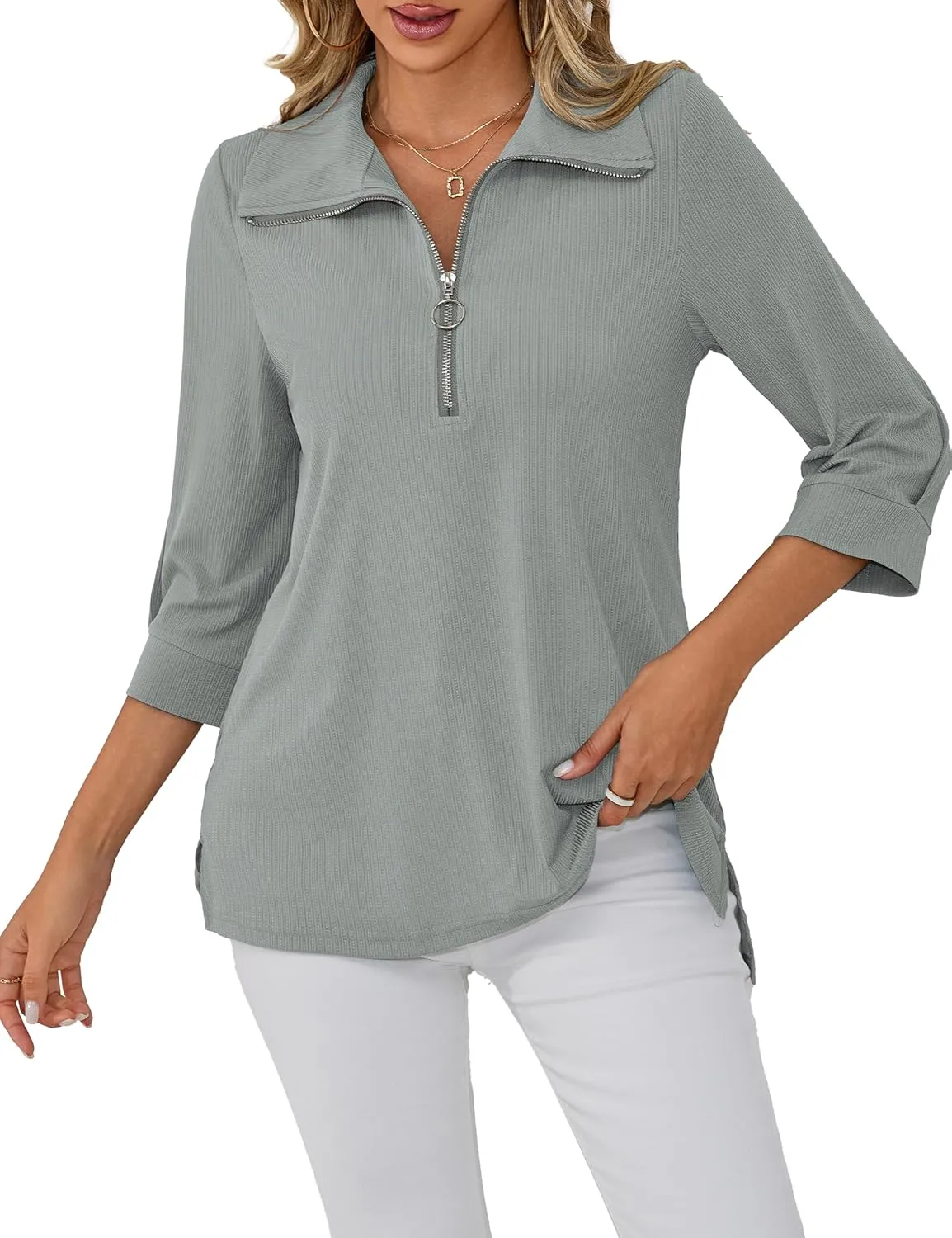 U.Vomade Women's 3/4 Sleeve Plus Size Tops Collared V Neck Casual Comfy Work Blouses L-4X