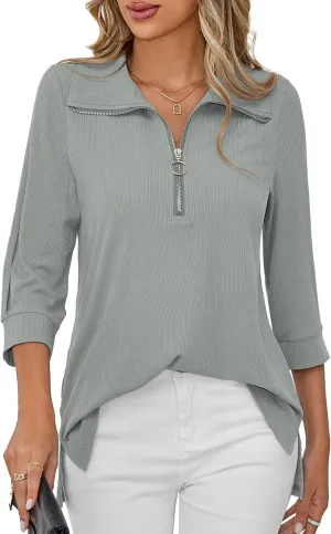 U.Vomade Women's 3/4 Sleeve Plus Size Tops Collared V Neck Casual Comfy Work Blouses L-4X