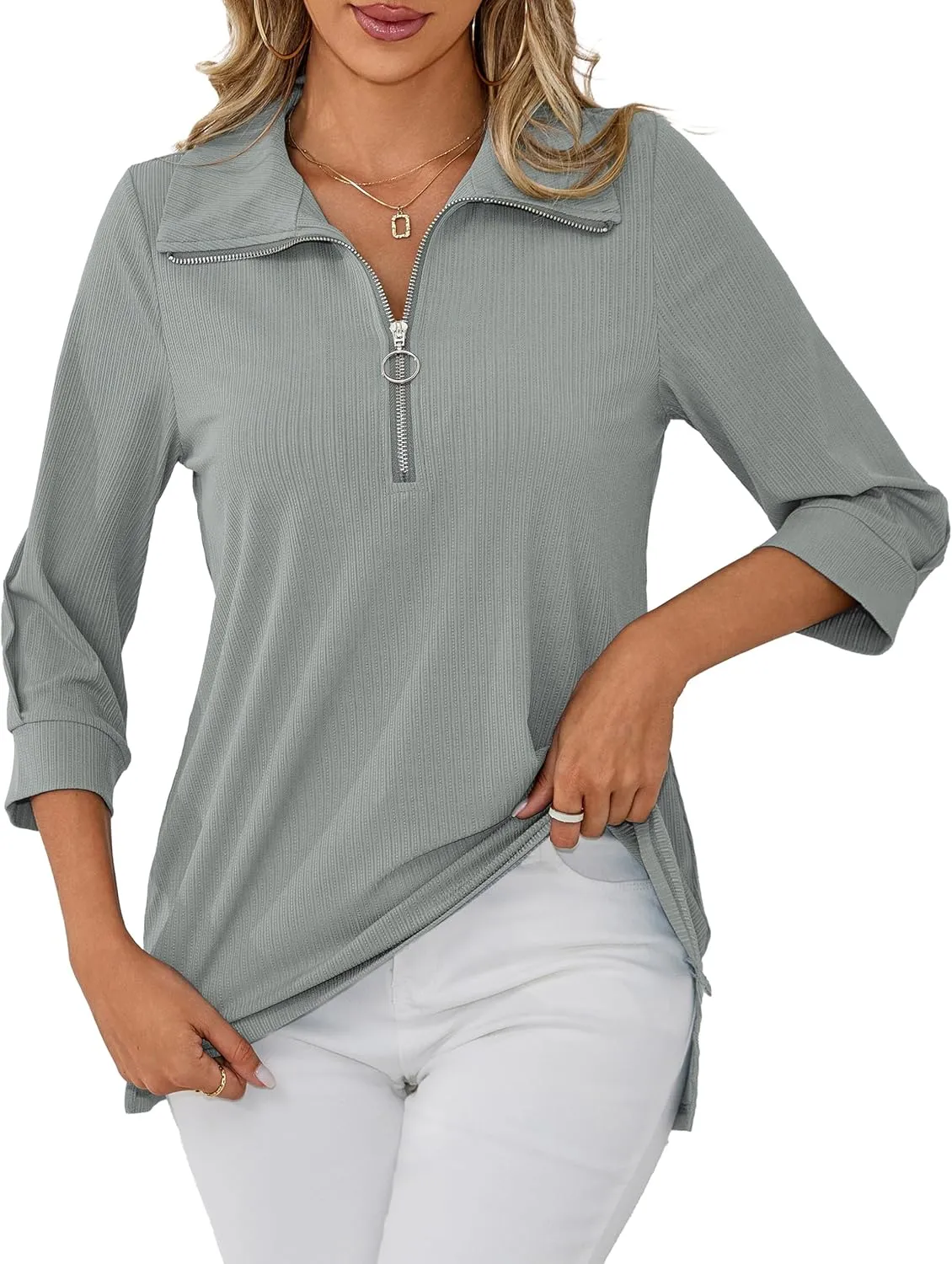 U.Vomade Women's 3/4 Sleeve Plus Size Tops Collared V Neck Casual Comfy Work Blouses L-4X
