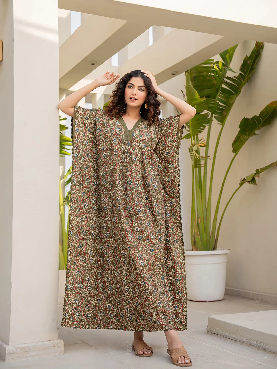 V-Neck Lace Olive Green Kaftan
