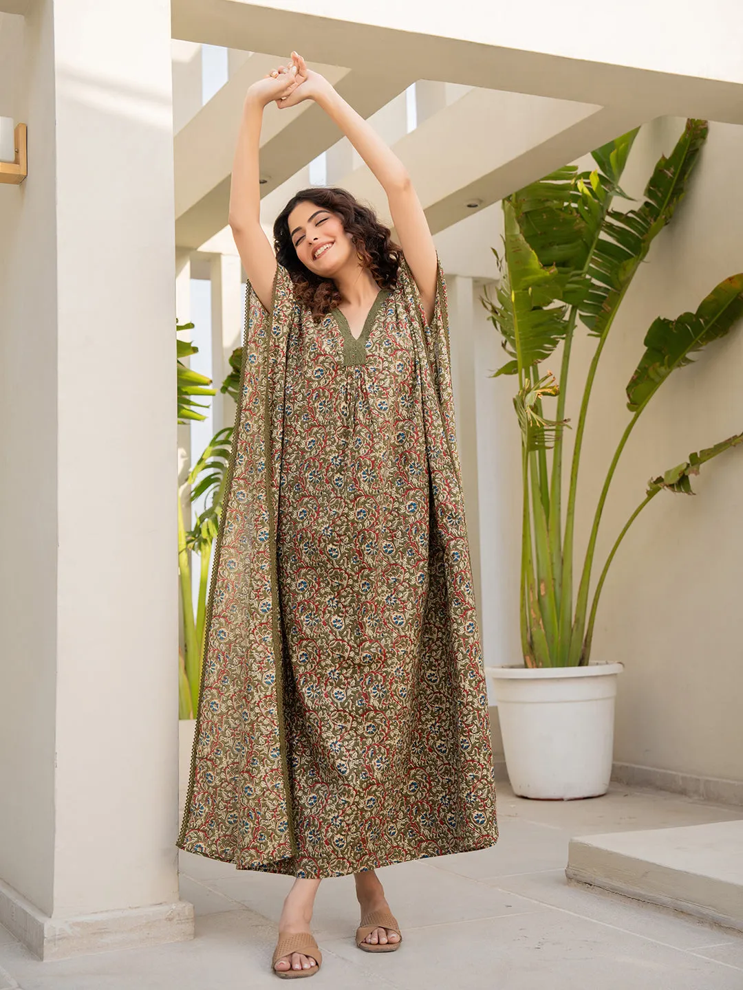 V-Neck Lace Olive Green Kaftan