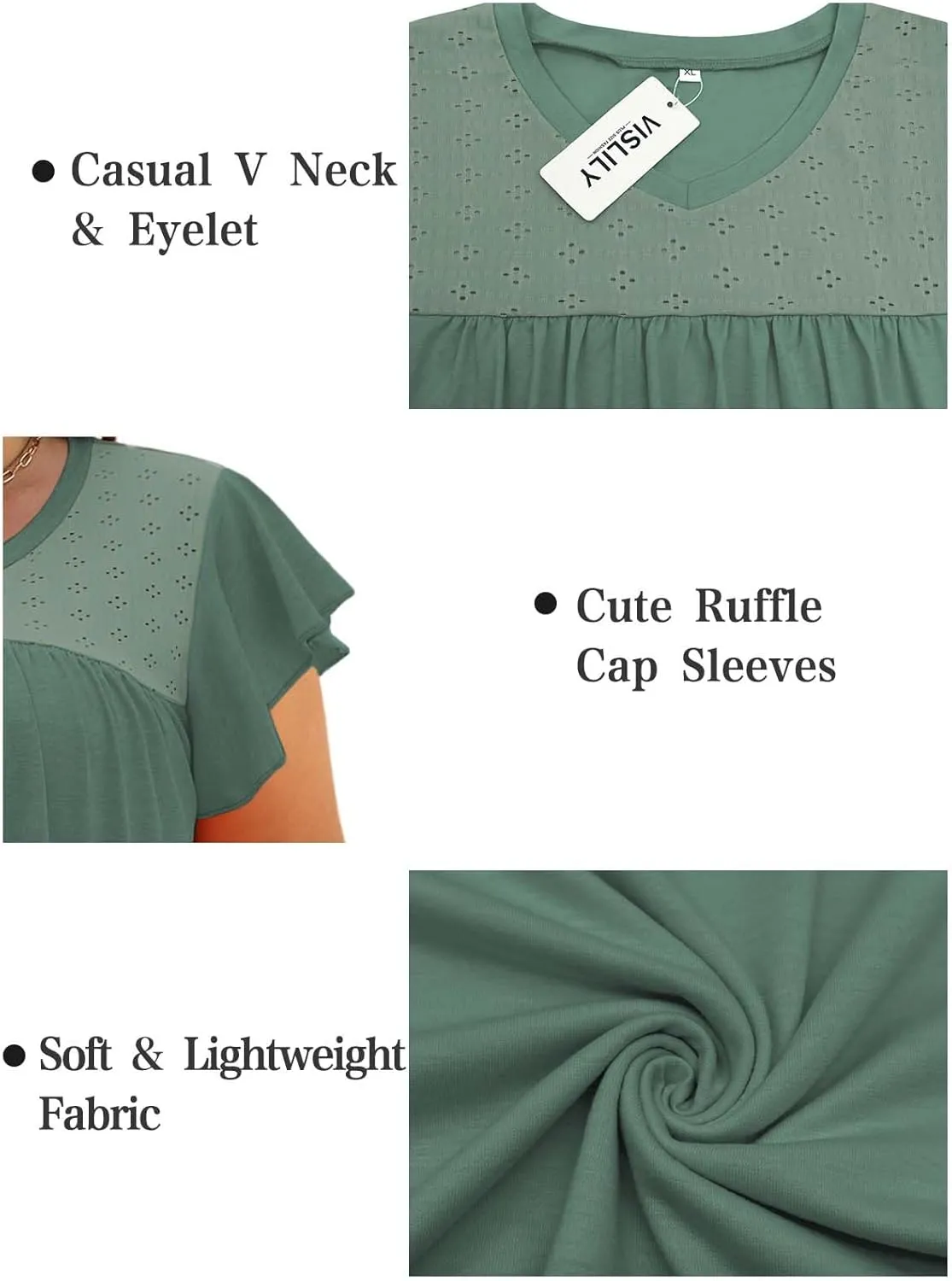 VISLILY Plus-Size-Womens-Tops-Summer V-Neck T Shirts Ruffle Cap Sleeve Blouses Pleated Tunics Casual Eyelet Tee