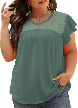 VISLILY Plus-Size-Womens-Tops-Summer V-Neck T Shirts Ruffle Cap Sleeve Blouses Pleated Tunics Casual Eyelet Tee