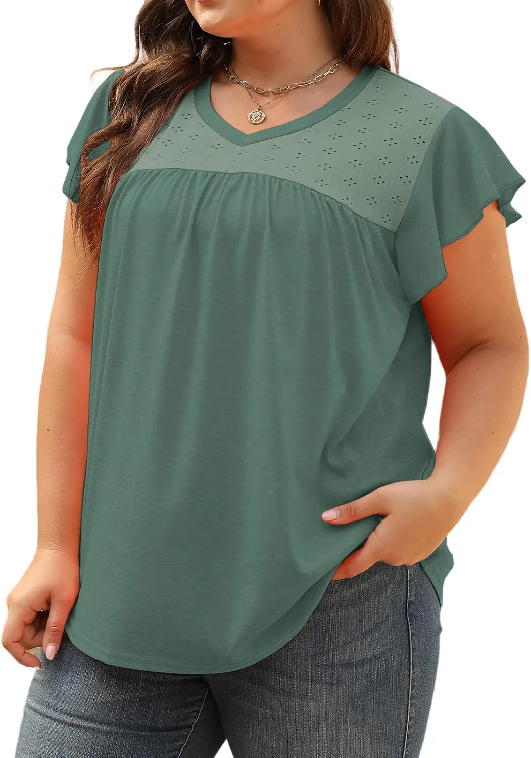 VISLILY Plus-Size-Womens-Tops-Summer V-Neck T Shirts Ruffle Cap Sleeve Blouses Pleated Tunics Casual Eyelet Tee