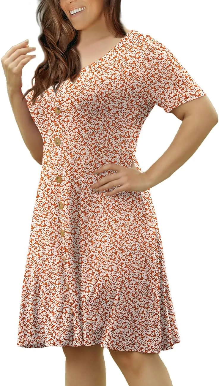 VOIANLIMO Womens Summer Plus Size Short Sleeve Button Down Causal Dress