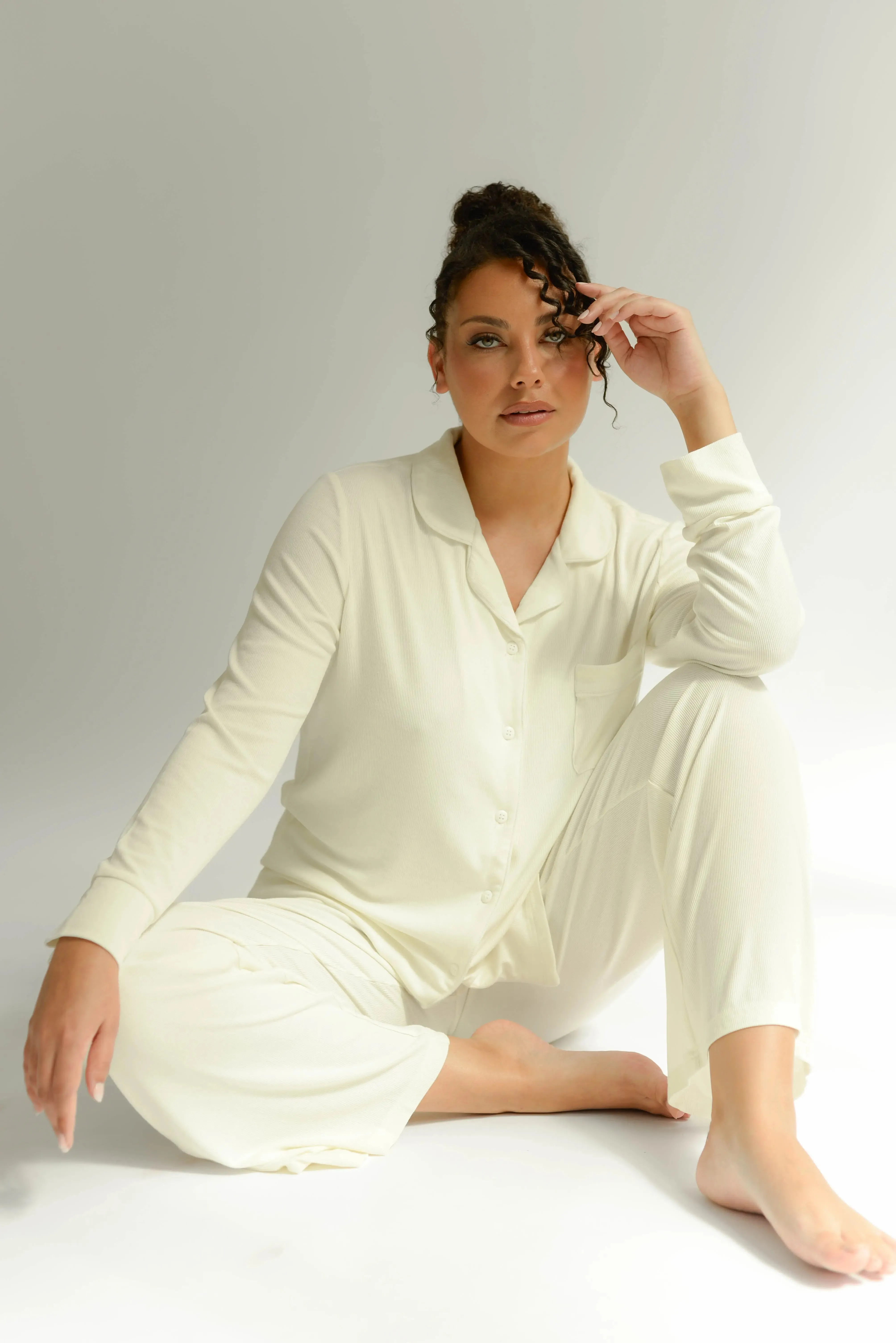 White Rib Knit Bamboo Pyjama Set