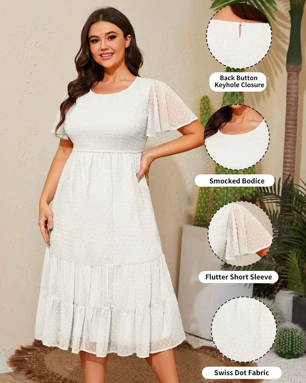 Women Plus Size Summer Casual Flutter Short Sleeve Smocked Midi Swiss Dot Flowy Tiered Dresses
