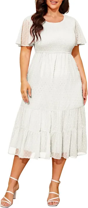 Women Plus Size Summer Casual Flutter Short Sleeve Smocked Midi Swiss Dot Flowy Tiered Dresses