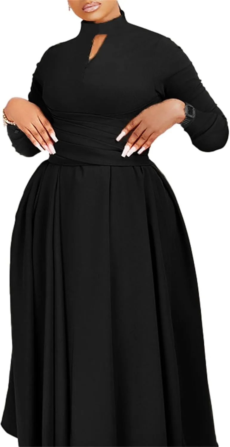 Women's Long Sleeve Maxi Dress High Waist Ruched A Line Swing Cocktail Party Dresses Plus Size