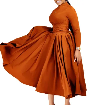 Women's Long Sleeve Maxi Dress High Waist Ruched A Line Swing Cocktail Party Dresses Plus Size