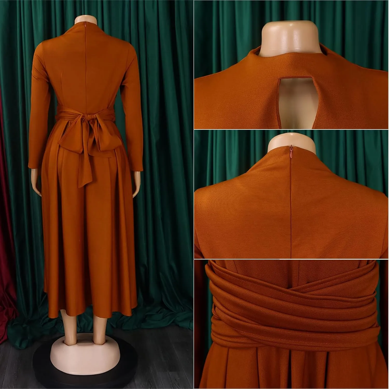 Women's Long Sleeve Maxi Dress High Waist Ruched A Line Swing Cocktail Party Dresses Plus Size