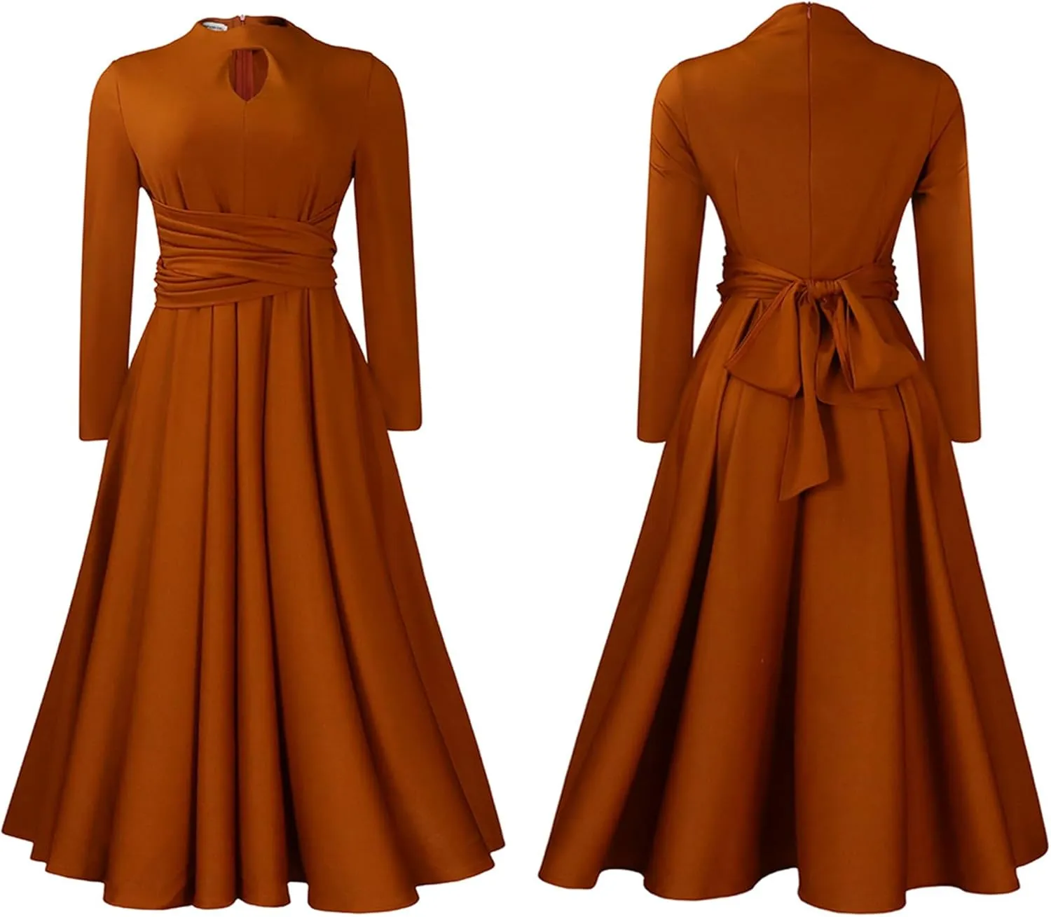 Women's Long Sleeve Maxi Dress High Waist Ruched A Line Swing Cocktail Party Dresses Plus Size