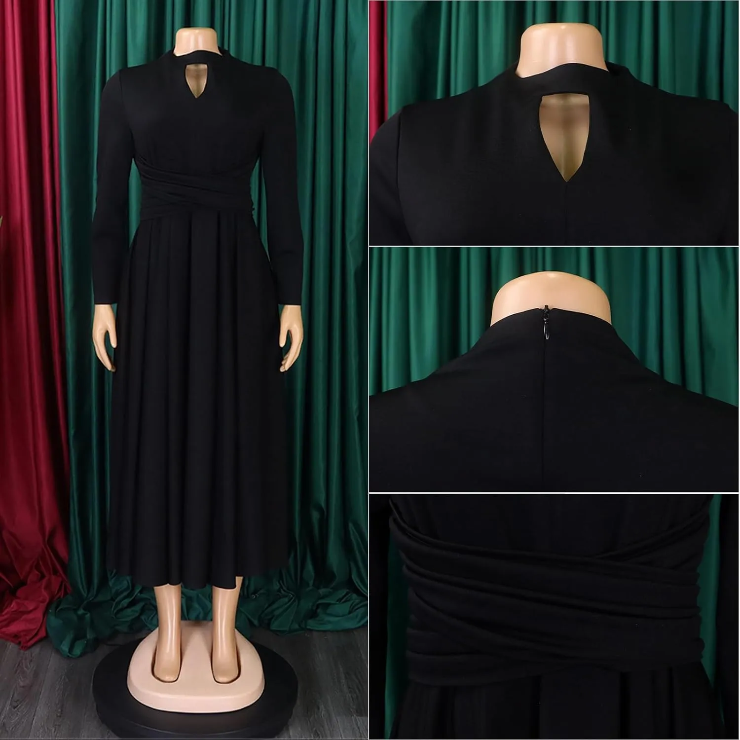 Women's Long Sleeve Maxi Dress High Waist Ruched A Line Swing Cocktail Party Dresses Plus Size